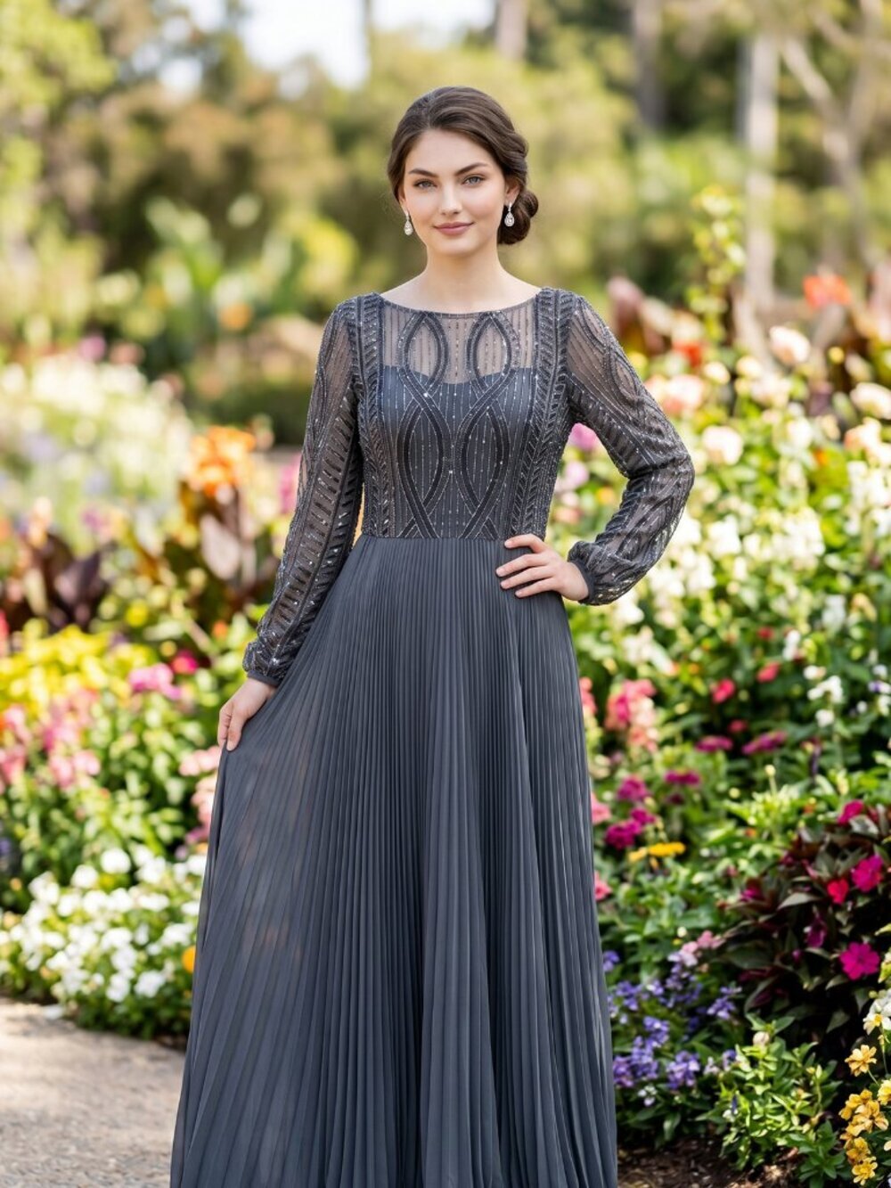 New Elegant Gunmetal A-Line Mother Of Bride Sequin Gown w/Long Sleeves JTM18B